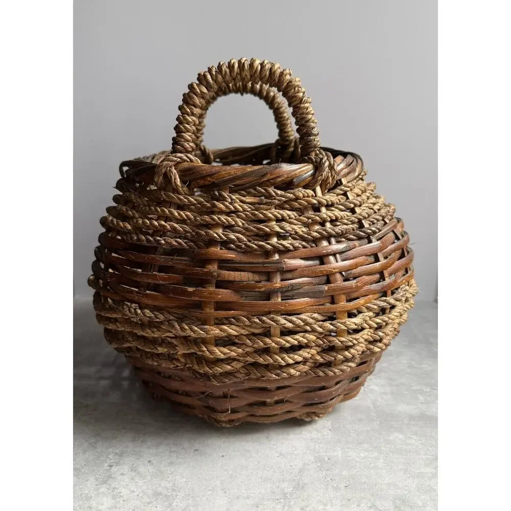 Vintage French Style Round Wicker Basket Large Dual Handle Gathering Primitive
